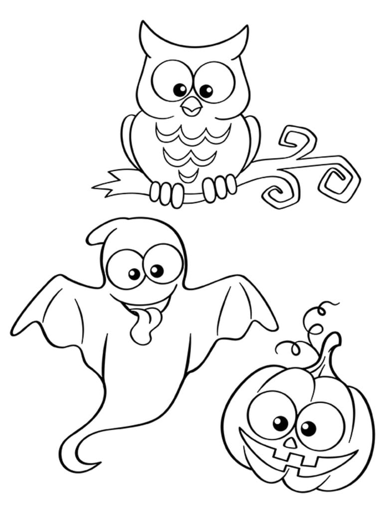 kleurplaat halloween spook uil en pompoen