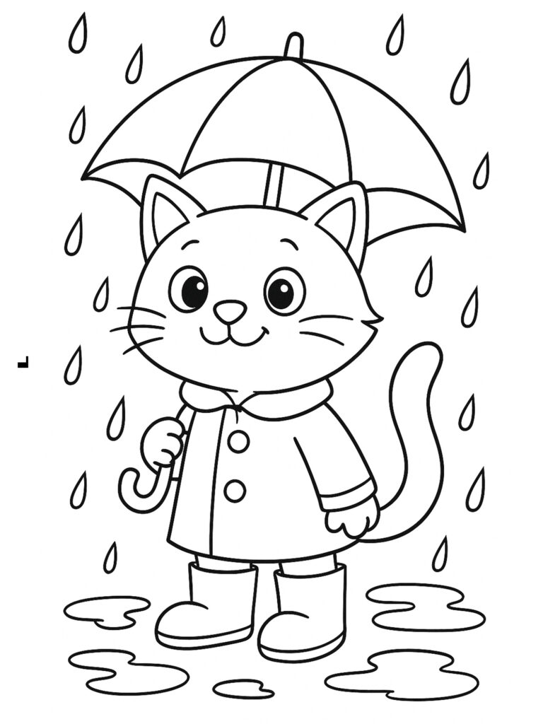 kleurplaat poes in regen
