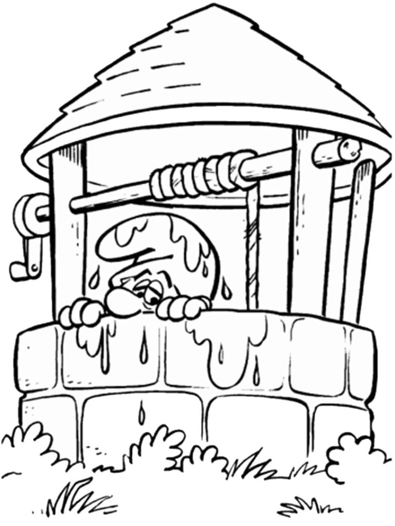 kleurplaat smurf in waterput