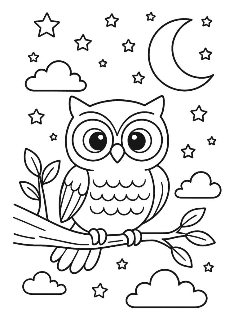 kleurplaat uil op tak