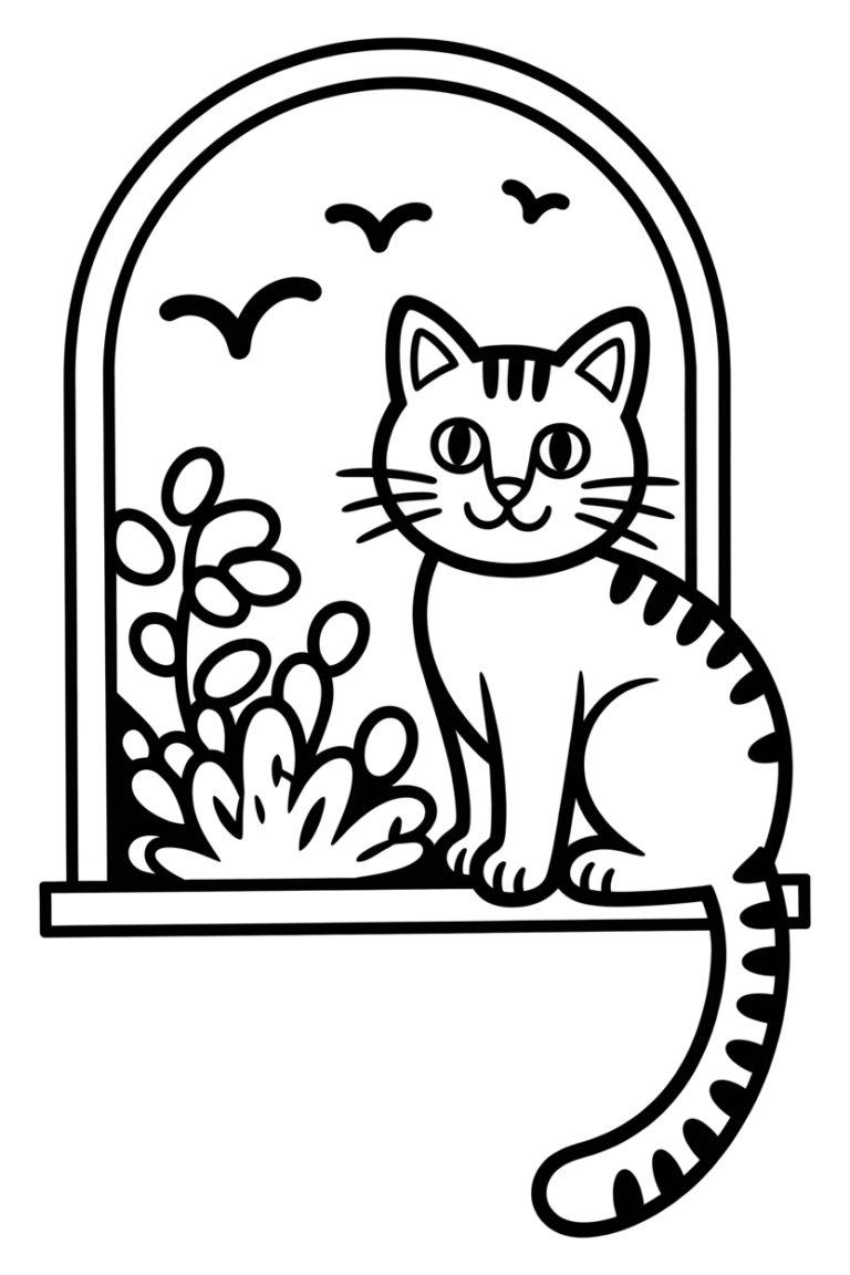 poes in vensterbank kleurplaat om gratis te printen