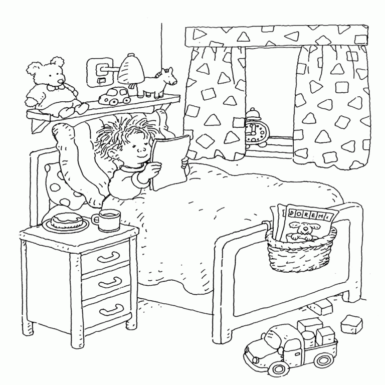 kleurplaat met griep in bed